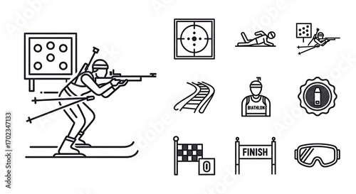 A collection of simple, black line icons depicting various elements of the biathlon sport, including a biathlete skiing, a target, a swimmer, a finish line, and other related symbols.
