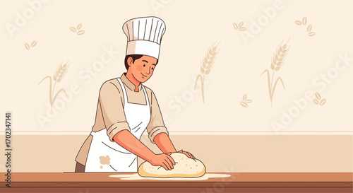 Baker Kneading Dough: Culinary Illustration of Freshly Baked Bread Preparation Process