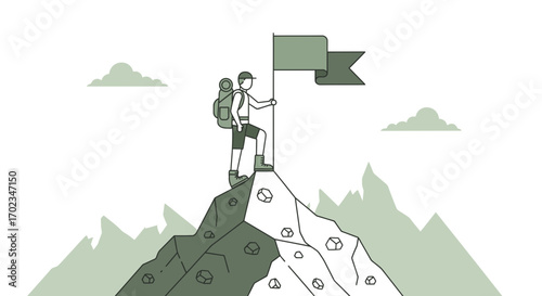 Achieving The Summit: A Vector Illustration Of A Person Standing On Mountain Peak Victory