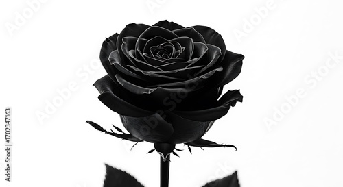 A close-up monochrome image showcases a single, dark rose against a plain white background, highlighting its intricate details and elegant form.
