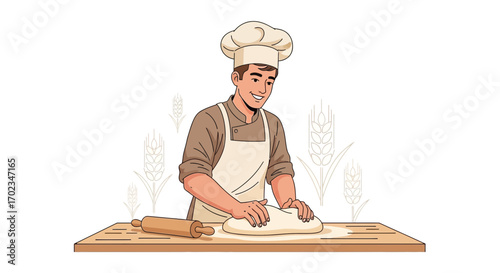 Baker Preparing Dough On A Wooden Table In A Culinary Illustration Scene