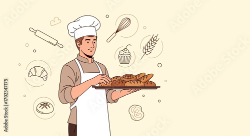 Baker Presents Fresh Bread, Ready To Serve, Offering A Range Of Baked Goods