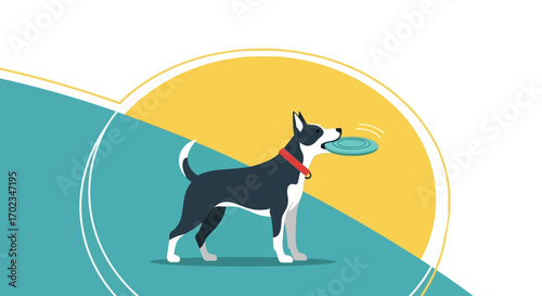 Active Dog Playing Fetch With Frisbee In An Abstract Geometric Compositional Setting