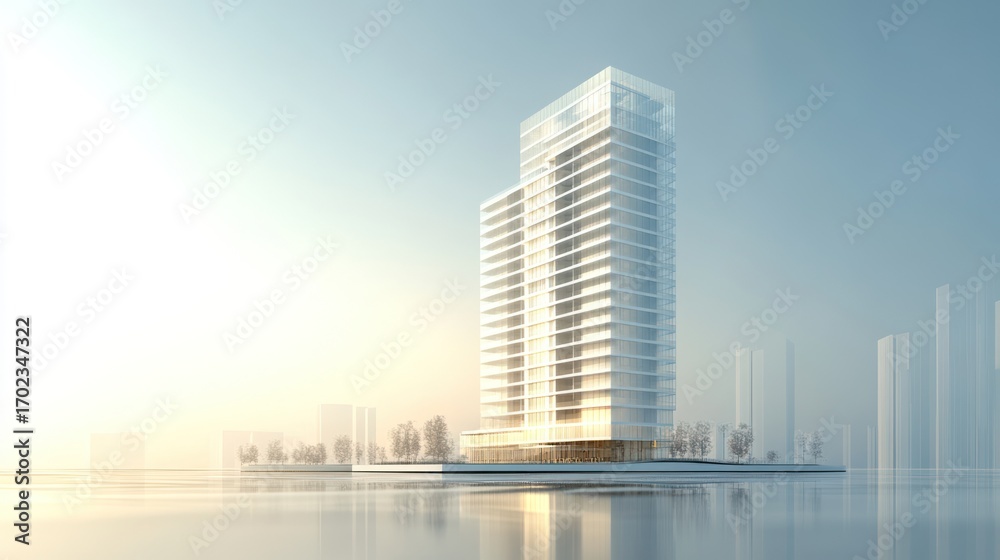 Fototapeta premium Modern skyscraper waterfront sunrise rendering