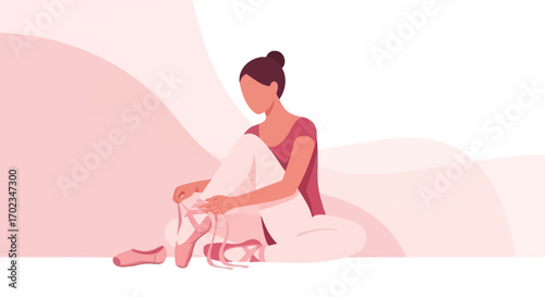 Ballerina Preparing For Dance, Tying Pointe Shoes, Artistic Ballet Performance