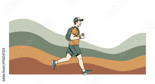 Active Person Running Through The Outdoor Landscape, Hiking With Backpack, Colorful Backdrop