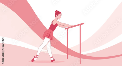 Ballet Dancer Embracing Classic Poses with Grace Beside a Ballet Bar, Pink Tones