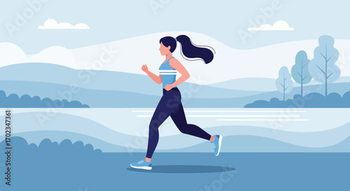 Active Woman Jogging Outdoors Amidst Mountainous Landscapes And Lush Greenery