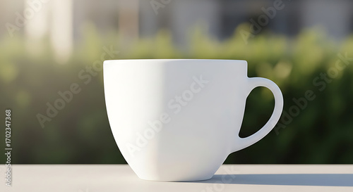 White Ceramic Coffee Cup Resting on an Outdoor Table in Bright Sunlight
