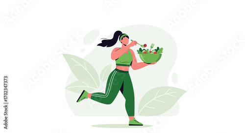 Active Woman Consuming Salad, Illustrating Fitness And Nutritional Wellbeing Outdoors