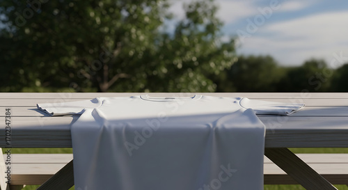 Blank White T shirt Mockup on a Wooden Picnic Table Outdoors
