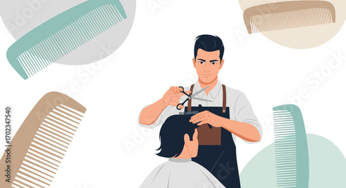 Barber Skillfully Trimming Hair with Scissors and Combs in Professional Setting