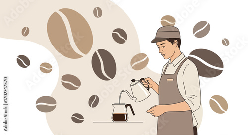 Barista Carefully Crafting Espresso with Artistic Coffee Bean Elements in a Modern Design