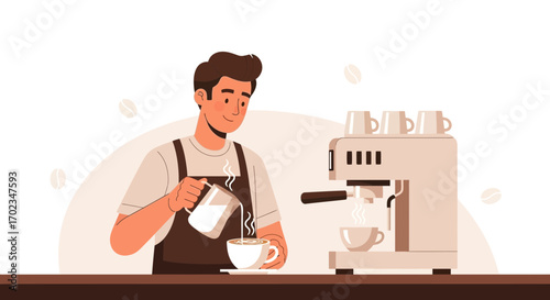 Barista Carefully Pouring Milk Into Freshly Brewed Coffee At The Cafe