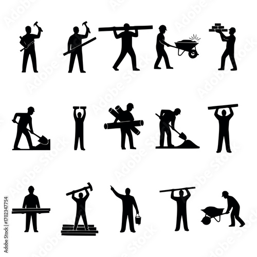 Vector art of collection of silhouette icons representing construction workers engaged in various labor activities