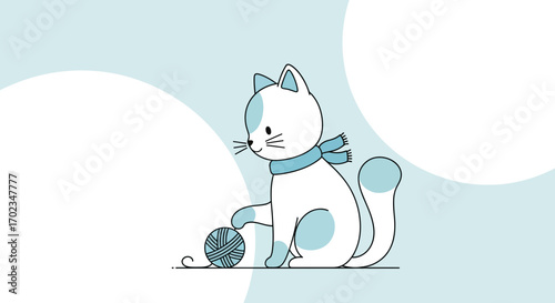 Adorable Cartoon Cat Playing With Yarn Ball, Wearing a Blue Scarf, Cute Pet