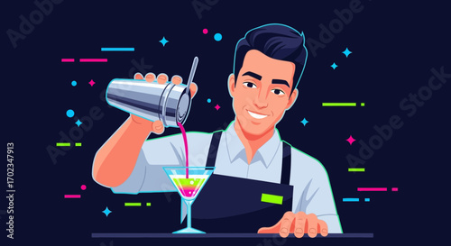 Bartender Expertly Crafting a Colorful Cocktail with a Stylish and Modern Flair