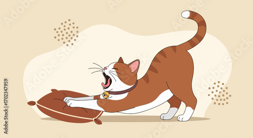 Adorable Cat Yawning and Stretching on Pillow, Cartoon Illustration, Cute Feline Concept