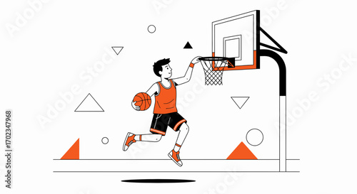 Basketball Player Dribbling and Going for a Dunk Illustration against a White Background