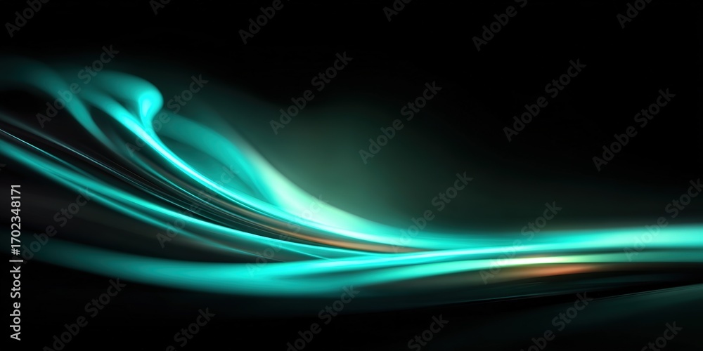 Obraz premium Flowing Light Trails in Teal on Dark Background, Motion and Technology Theme for Projects