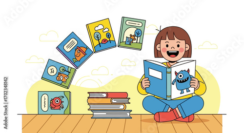 Adorable Child Engrossed In Reading From Storybook With Various Illustrative Tales