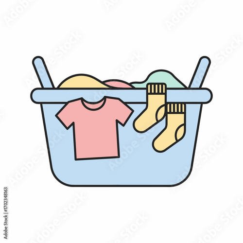 A light blue laundry basket filled with colorful clothes, including a pink t-shirt and yellow socks, depicted in a simple line art style.