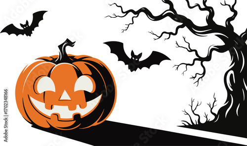 Spooky Halloween pumpkin scene with bats flying near a gnarled tree silhouette design