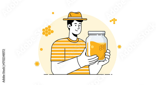 Beekeeper Holding Honey Jar Showing Fresh, Natural, And Delicious Golden Goodness In Illustration
