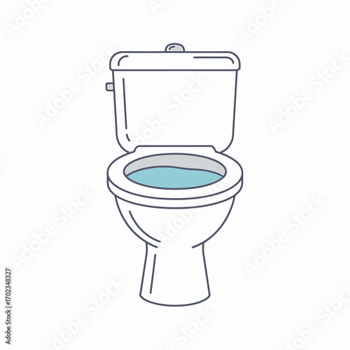 A simple line art illustration of a white toilet with a blue water level in the bowl, depicted from a front-facing perspective.