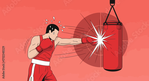 Boxer Delivering A Powerful Punch At Red Punching Bag In Energetic Illustration