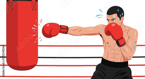 Boxer Training Hard at Punching Bag for the Fight in the Boxing Ring