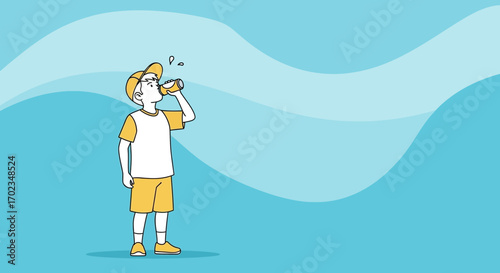 Boy Drinks From A Can on A Stylish Background Under The Clear Blue Sky