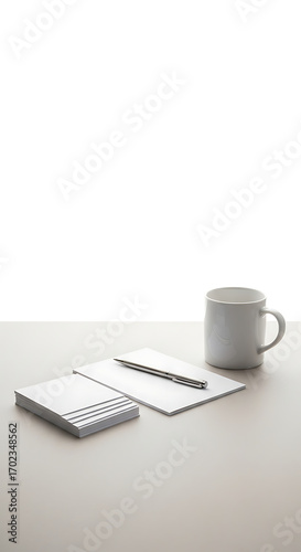 Professional Workspace with a White Mug, Pen, and Blank Papers