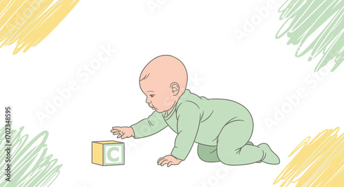 Adorable Infant Reaching For Building Block Depicting Childhood Curiosity and Learning