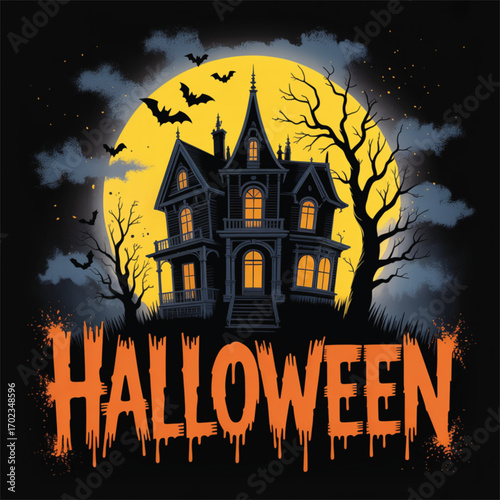 Spooky Halloween haunted house with full moon and bats evokes chills and thrills this October