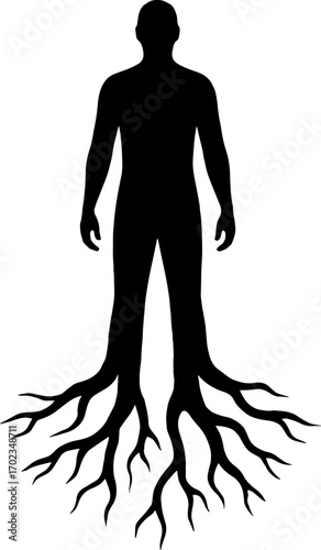 Abstract silhouette of human body with tree roots instead of legs vector with white background 