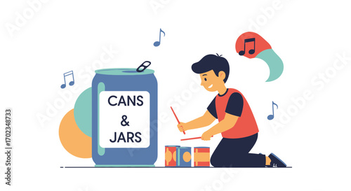 Boy Plays Drums Crafted From Cans And Jars Producing Musical Notes And Creative Sounds