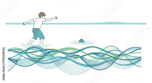 Boy Skipping Stones on Water, Abstract Wave Design, Artistic Illustration with Minimalist Style