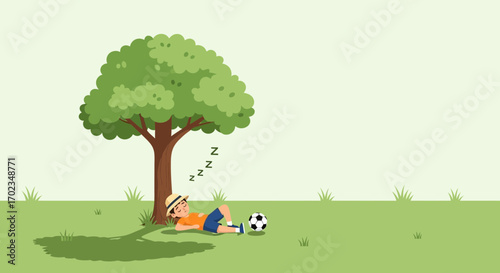 Boy Sleeping Beneath A Tree After Playing Football On A Sunny Day With Peace