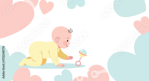 Adorable Toddler Reaching For a Toy Surrounded by Pastel Heart Shapes