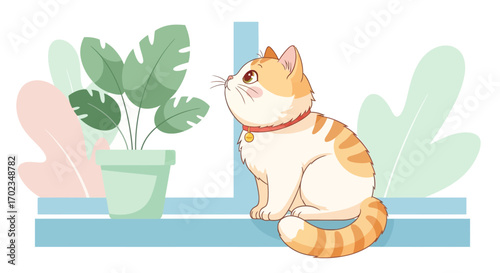 Adorable Tabby Cat Contemplating Nature From A Window Beside Lush Greenery