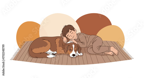 Boy Sleeping Peacefully Next To A Domestic Dog In Warm Shades Of Browns And Oranges
