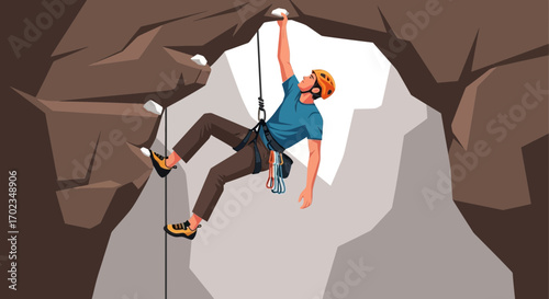 Adventurer Climbing Through Rock Formation Achieving Goals with Safety Gear and Equipment