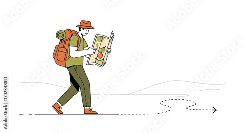 Adventurer Exploring New Trails With Map While Carrying Backpack on White Background