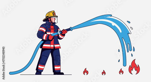 Brave Firefighter Controlling Water Jet To Extinguish Flames In Emergency Situation
