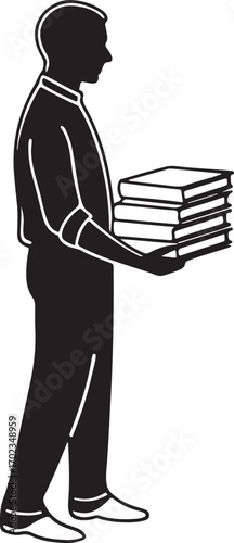 Silhouette of a man holding a stack of books carrying