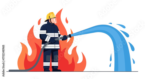 Brave Firefighter Extinguishing Blazing Flames With Powerful Water Torrent, Saving Lives