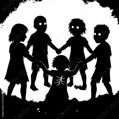 Group of zombie children holding hands in circle - nightmare vector with white background 