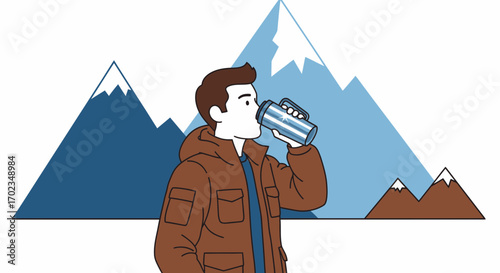 Adventurer Hydrating On Mountain Trail While Enjoying The Scenic Natural Environment