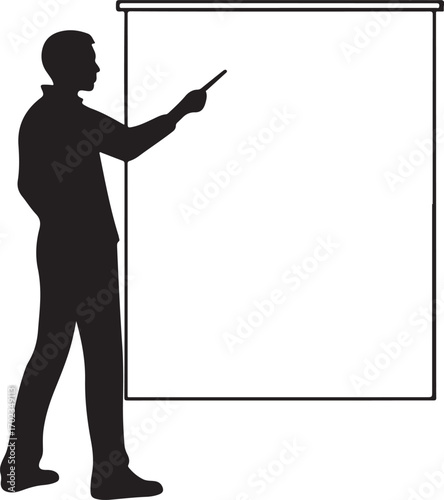 Silhouette of a man pointing at a blank presentation screen
